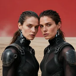 cinestill 5 0 d candid photographic portrait by steve mccurry of two loving female androids wearing rugged black mesh techwear on a desolate plain with a red sky, extreme closeup, modern cyberpunk, dust storm, 8 k, hd, high resolution, 3 5 mm, f / 3 2, ultra realistic faces, ex machina