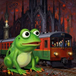 realistic detailed image of pepe the frog and a train by ayami kojima, amano, karol bak, greg hildebrandt, and mark brooks, neo - gothic, gothic, rich deep colors. beksinski painting, part by adrian ghenie and gerhard richter. art by takato yamamoto. masterpiece