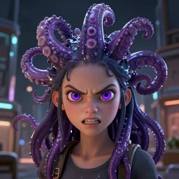 artstation young girl with purple eyes and tentacles on her head in fury, very detailed, in glass town, portrait, high contrast, unreal engine 5