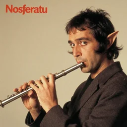 album cover of the side view of a nosferatu playing the flute, elf ears, looking at the camera, 8 0's funk, vintage, soft grainy
