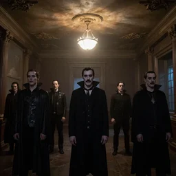 A room full of vampires, high ceiling, soft light, ominous