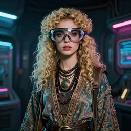 vertical portrait of ancient jew female with space glasses, blonde, curly hair, cyberpunk, native costume, standing in the dark room, under neon, extremely fine detail background, highly detailed, detailed eyes, high quality, fashion editorial photography, hyperrealistic, from vogue magazine