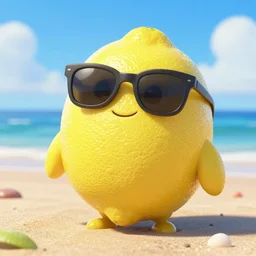 a portrait of a pixar - style lemon wearing sunglasses, enjoying being at the beach. 8 k resolution, photo realistic, pixar style,
