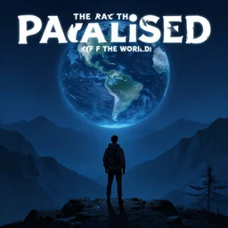 a man on a mountain looking at the apocalypse of the world podcast cover artwork by ryan smallman, night blue theme color, artstation