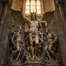 in the chapel of the god and devil statue made of stone, the afterglow shines through the upper window. full of narrative sense, volumetric lighting, extremely super - detailed, intricate, epic composition, trending on artstation, by sergey vasnev and jan urschel, matte painting, excellent light sense