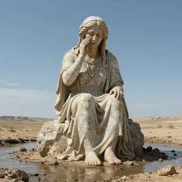 Massive giant 65-year-old giant Gaia Goddess crying quietly and humbly as she sits on a dried up river in a desolate land, blue sky, hot and sunny, highly-detailed, elegant, dramatic lighting, artstation, 4k, cinematic landscape