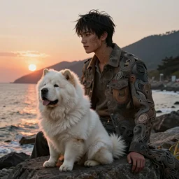 an intricate concept illustration of a man with his white chowchow dog sitting on the shores beside a mountains on sunset, cinematic, hyper realistic, intricate details, anime style, concept art, cinematic lighting, dramatic lighting, style by james jean