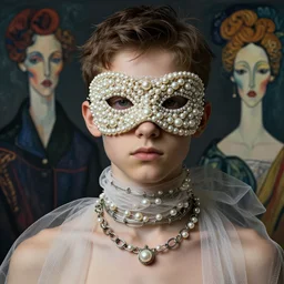a futuristic boy portrait covered by mask made of wires and pearl, necklace made by wires and gauzes twisted around neck, design by leonardo davinci, inspired by egon schiele, balenciaga, modern art, baroque art jewelry, new classic, fashion design, photorealistic, hyper realistic, cinematic composition, cinematic lighting, fashion design, concept art, hdri, 8 k -