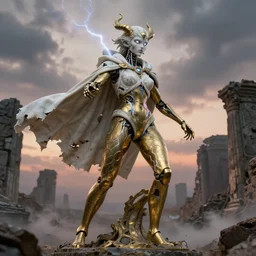 portrait of a diabolical marble cyborg girl, brass statue, wearing torn white cape, dynamic pose, thunder, glowing eyes, post apocalyptic ancient ruins, glowing veins subsurface scattering, in clouds, sunset, portrait, by gerald brom, by mikhail vrubel, by peter elson, muted colors, extreme detail, trending on artstation, 8 k