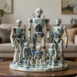 ceramic toy living room of cyberpunk robot family, diorama, dof, zeiss lens, detailed, centered, fashion photoshoot, by nicoletta ceccoli, mark ryden, lostfish, artgerm, shiny, breathtaking, 8 k resolution, extremely detailed, beautiful, artistic, hyperrealistic, octane render, - h 8 0 4