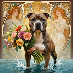 portrait pitbull mr. worldwide holding a bouquet of flowing flowers, drenched body, wet dripping, hands hidden under the bouquet, emerging from the water, fantasy, regal, intricate, by stanley artgerm lau, greg rutkowski, thomas kindkade, alphonse mucha, loish, norman rockwell