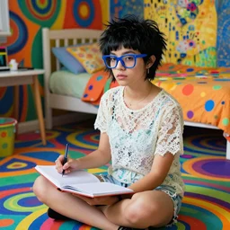 klimt style elegant teenage black short shaggy asymetrical haircut and big blue frame glasses girl, dressed in lace, sitting  over a colorful and bright trippy victor moscoso floor . lsd colorful bedroom, diary on her hand