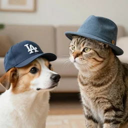 cat with a hat, staring at a dog with a hat