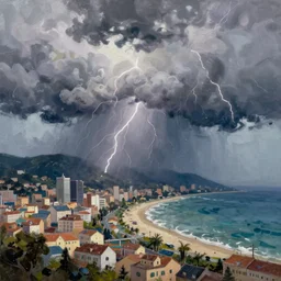 coastal city thunderstorm, intricate oil painting by greg rutkowski, trending on artstation