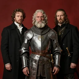 Solomon Joseph Solomon and Richard Schmid and Jeremy Lipking victorian genre painting portrait painting of a old rugged movie actor medieval knight character in fantasy costume, red background