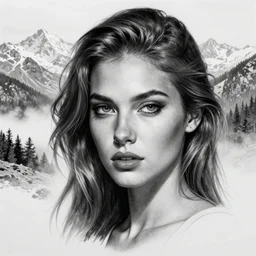 tattoo design sketch of a beautiful woman face faded against a background of beautiful mountains and nature, hyper - realistic, in the style of den yakovlev, amazing detail, black and white