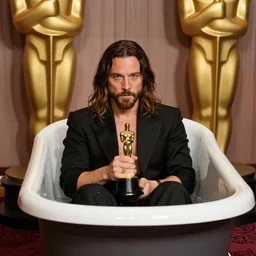 jared leto in a bathtub full of oscars after his performance in morbius