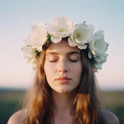 A analog head and shoulder frontal face portrait photography of a woman wearing an intricate big white flowers crown by Nina Masi. Long soft hair. eyes closed. soft gradient pastel color background. Kodak Color Plus 400 film. Icelandic mood. detailed. hq. realistic. warm light. muted colors. lens flare. Glare and bloom. photoreal. Medium format photography. Leica M9.