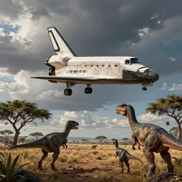 The space shuttle flying over a Jurassic savannah, dinosaurs watching