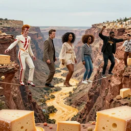 david bowie, oprah, kid rock are scared and they are tight rope walking over a large canyon full of melted cheese, 8 k, award winning photography