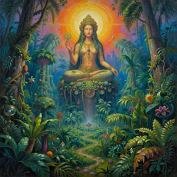 a landscape painting of the upper spiritual worlds, surrealist, dmt, dmt, 5 meodmt, blissful landscape, love, high defined jungle, mother ayahuasca, ecstasy, bliss, sanctuary, sacred, vladimir kush art style, alex grey art style.