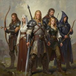 Portrait depicting a group of adventurers, composed by Male Barbarian, Female priestess, female archer, male wizard, male rogue, D&D, acrylic painting, high fantasy, by artgerm and Craig Mullins, James Jean, Andrey Ryabovichev, Mark Simonetti and Peter Morbacher, matte painting, trending on artstation, artstationHD, artstationHQ, octane, full HD, 16K, detailed