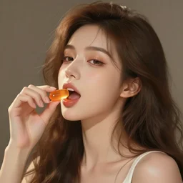 cute illustration of a small woman  with big wavy brown hair stuffing a massive orange gel pill down her throat