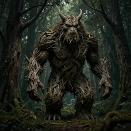 A monster made of tree branches blending in with a tree in a forest, dark, digital art, fantasy art, detailed, matte painting