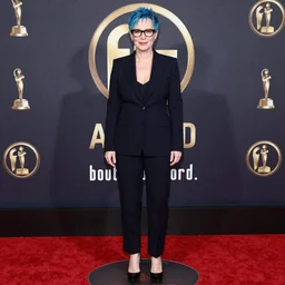 photo of a gorgeous Gillian Anderson (1950) blue pixie cut hair nerdy glasses by Mario Testino, detailed, full body shot, award winning, Sony a7R