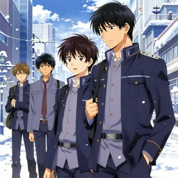 boy's love anime high school winter noon city, high detail concept art, perfect proportions fine face, tall handsome guys, close together romantic undertones, avant uniform, vivid colors, realistic shaded lighting poster fantasy art ilya kuvshinov, katsuhiro, jeremy lipking and michael germash, makoto shinkai, loish and clamp style, best selling artist