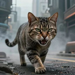 apocalyptic, a closeup of an big angry cat walking on the future street. smoke. volumetric lighting, sharp focus, ultra detailed, cgsociety - w 1 0 2 4 - n 8 - i