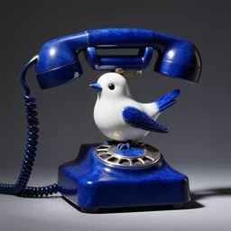 stylized dynamic sculpture of a white and lapis lazuli cute bird on a vintage phone, beautiful studio lighting 35mm