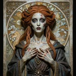 zombie wizard girl inspired by plastination, beautiful face, wearing robes inspired by alphonse mucha