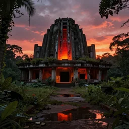 abandoned temple of illuminati by le corbusier, empty streetscapes, surrounded by lush green vegetation, ground-level view, puddles of water, stunning volumetric lighting, sunset, trending on Artstation, 8k, photorealistic, hyper detailed, unreal engine 5, cinematic, epic lighting, cryengine, octane render, cyberpunk, red and orange glow, dark, gloomy