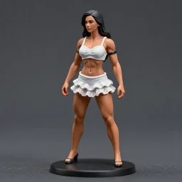 Product Introduction Photos, 4K, Full body, 80mm resin detailed miniature of a very muscular lady in White and lacy ruffled mini-skirt, dark skin, black hair, standing, looking left
