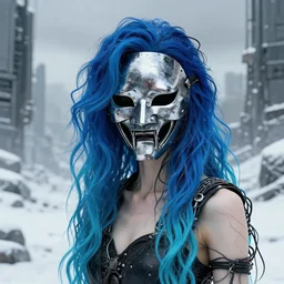highly detailed portrait of wasteland wavy blue hair metalic samurai mask thin lady, stray wiring by atey ghailan, james gilleard, by joe fenton, by greg rutkowski, by greg tocchini, by kaethe butcher, 4 k resolution, gradient blue, cyan, black and white color scheme!!! ( ( snowy glaciated robotic dystopian city background ) )