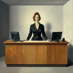 a woman in reception, digital art by grant wood, powerful