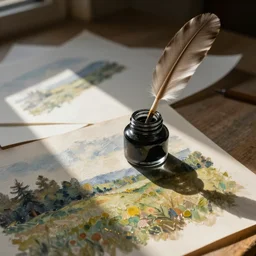 quill pen in ink jar on desk with papers, afternoon lighting, oil on linen