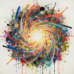 insane by giovanni battista venanzi, by steve epting twitter. mixed media art. drip print that is both chaotic & beautiful. a multitude of colors & shapes in a constant state of motion. the viewer's eye is drawn to the center of the print, where a large, swirling mass of color & light dominates the composition. energy & movement.