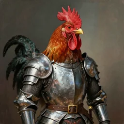 “Portrait of rooster man dressed in armor by Alberto Savinio, masterpiece 4k digital, highly detailed, trending on artstation, award winning”