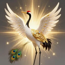 a beautiful crane with peacock feathers, golden armor, shining light, gems, god rays by Karol Bak, Ayami Kojima, Amano
