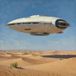 desert landscape, a huge space ship is hovering in the sky, painting in style of Ilya Repin,