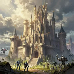 beautiful comic book art of a fantasy castle by jack kirby and simon bisley, robots in the background landscape by simon stalenhag and peter mohrbacher