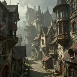 a low - angle render of a multi - level steep gothic dickensian village, art nouveau, baroque winding cobbled streets, style of arcane, magic the gathering, misty alleyways, tiled roofs, balconies, medieval tumbledown houses, st cirq lapopie, by ian mccaig, brian froud and mucha and alan lee