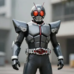 Biomechanical Kamen Rider, glowing eyes, daytime, grey rubber undersuit, Guyver Dark Hero inspired armor
