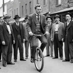 1930 style street photography with Geert Wilders riding a unicycle while bystanders look shocked