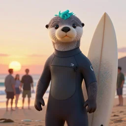 a beautiful portrait of a male gray anthropomorphic grey otter fursona wearing a wetsuit. paws. on the beach. surfboard. turquoise hair. orange nose. sunset. character design by cory loftis, fenghua zhong, ryohei hase, ismail inceoglu and ruan jia. volumetric light, artstation