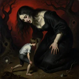 a tiny man being tormented by a giant crazy woman in hell, dark, disturbing, uneasy, unsettling, by hieronymus bosch, trending on artstation, trending on nightcafe, by alexander fedosa oil on canvas