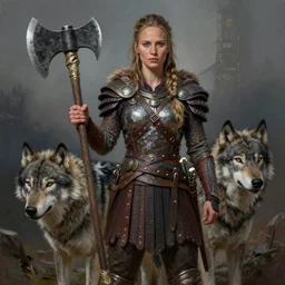 gorgeous!! hyper - realistic woman resembling alicia vikander as a battle - worn viking warrior wielding a giant axe | standing next to a dire wolf | intricate, highly detailed, digital painting, character design, character concept art | drawn by wlop, drawn by jeehyung lee, drawn by artgerm, drawn by peter kemp