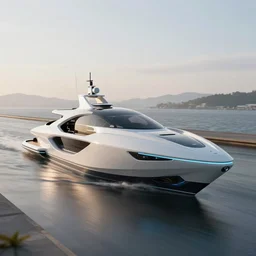 futuristic ( yacht designed by apple ) on a track, natural light, detailed, canon eos c 3 0 0, ƒ 1. 8, octane render, 3 5 mm, 8 k, medium - format print, blue light accents